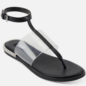 DKNY Ava Ankle T-Strap Thong Sandals Women's 6 Black Clear Minimalist Modern‎